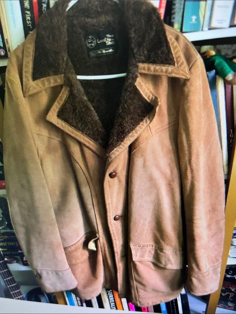 Nautica Men's Tan Suede Pea Coat with Dark Brown Shearling Collar
